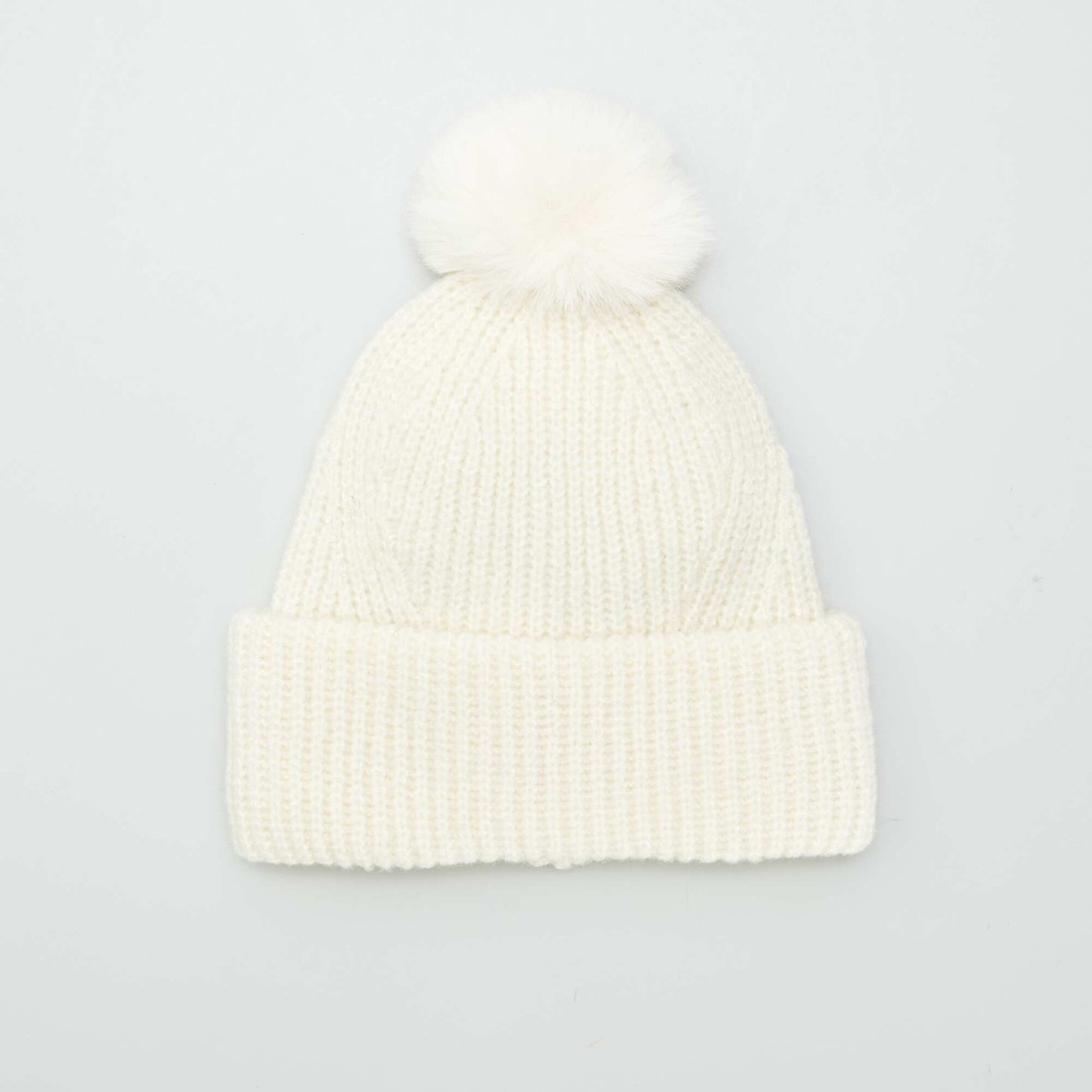 Ribbed knit bobble hat beige