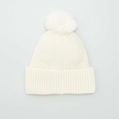 Ribbed knit bobble hat beige