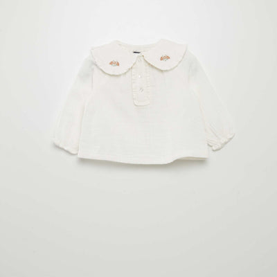 Double cotton gauze blouse with Peter Pan collar WHITE